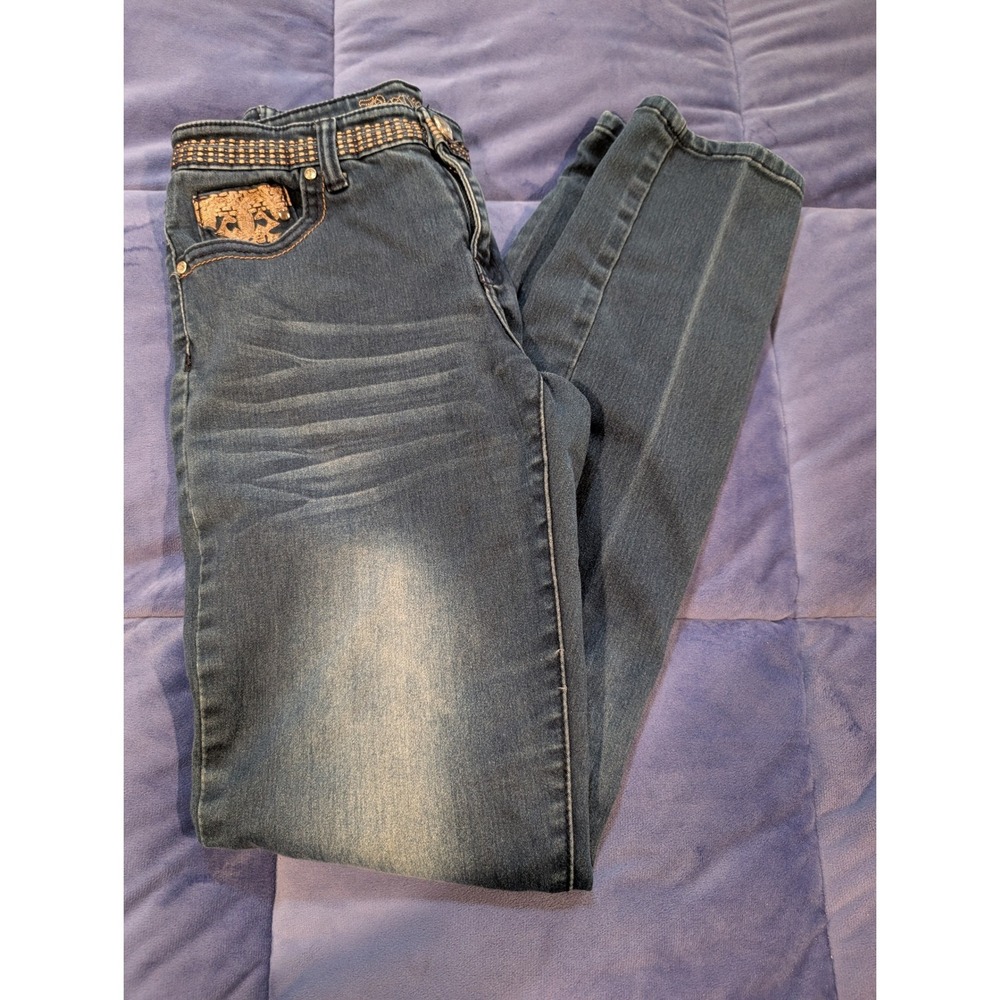 Bamboo Skinny Jeans Size 7/8 Womens Blue Dark Wash Embroidered Embellished